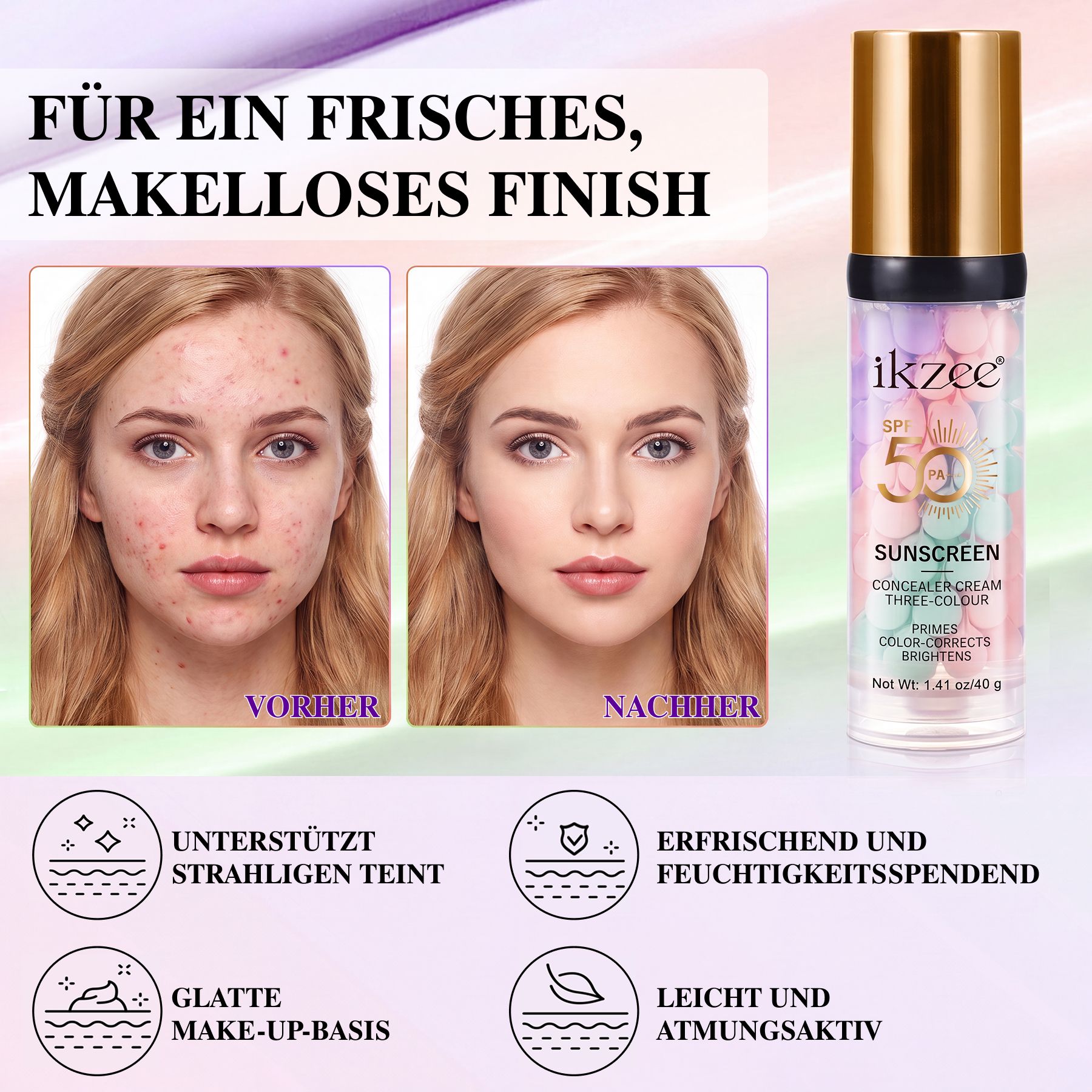 ALIVER Sonnenschutzcreme SPF 50 PA+++ Foundation Concealer 3-in-1 Farbkorrektur