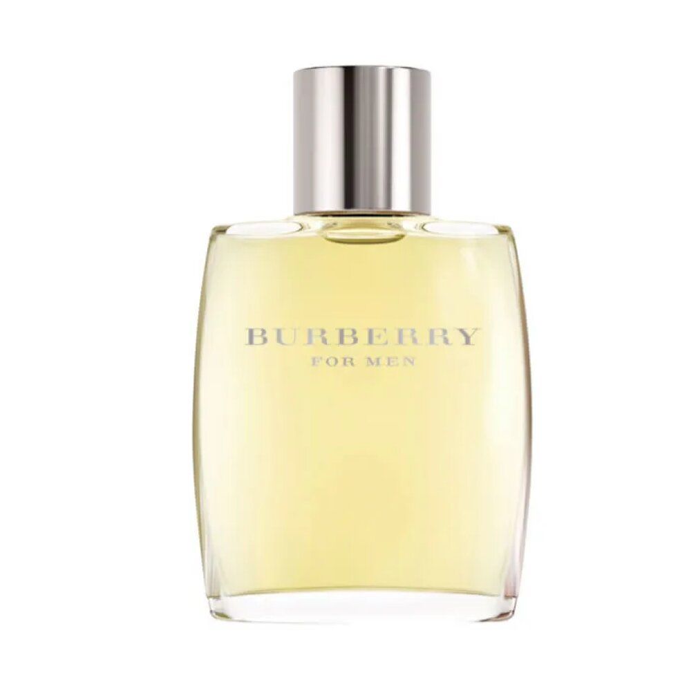 Burberry For Men Eau de Toilette Spray. Transparenter Flakon mit silbernem Verschluss. Produktbezeichnung auf dem Flakon.