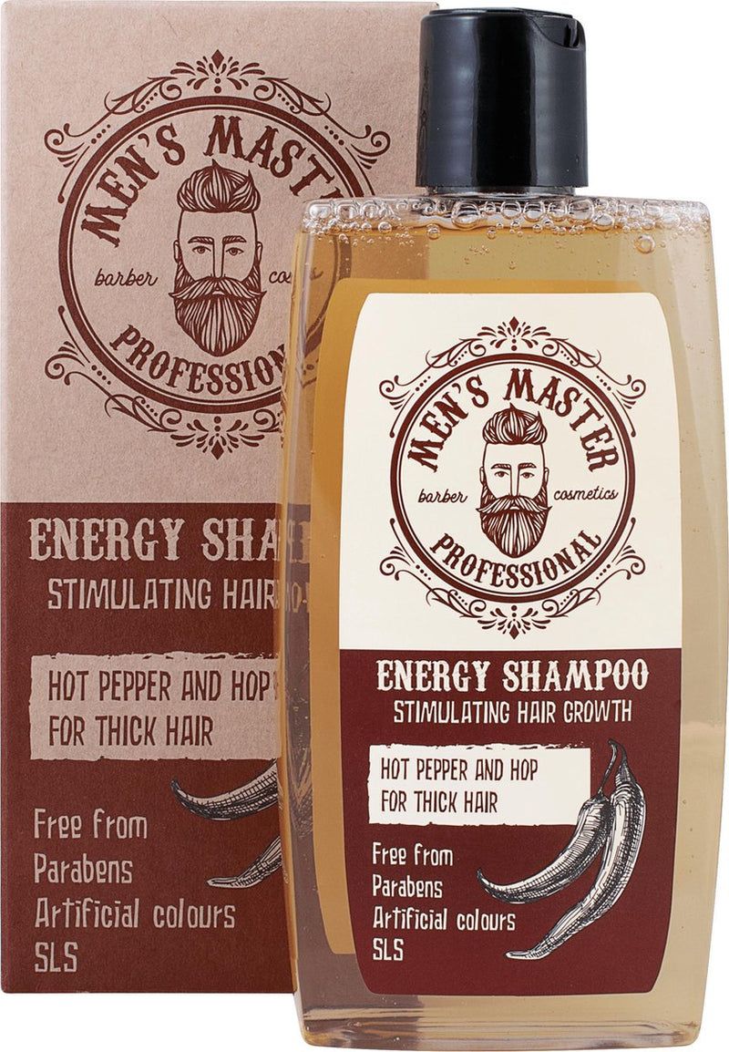 Shampoo-Flasche und Karton. Aufschrift: Men's Master Professional Energy Shampoo. Enthält Chili und Hopfen. Frei von Parabenen, künstlichen Farbstoffen, SLS.