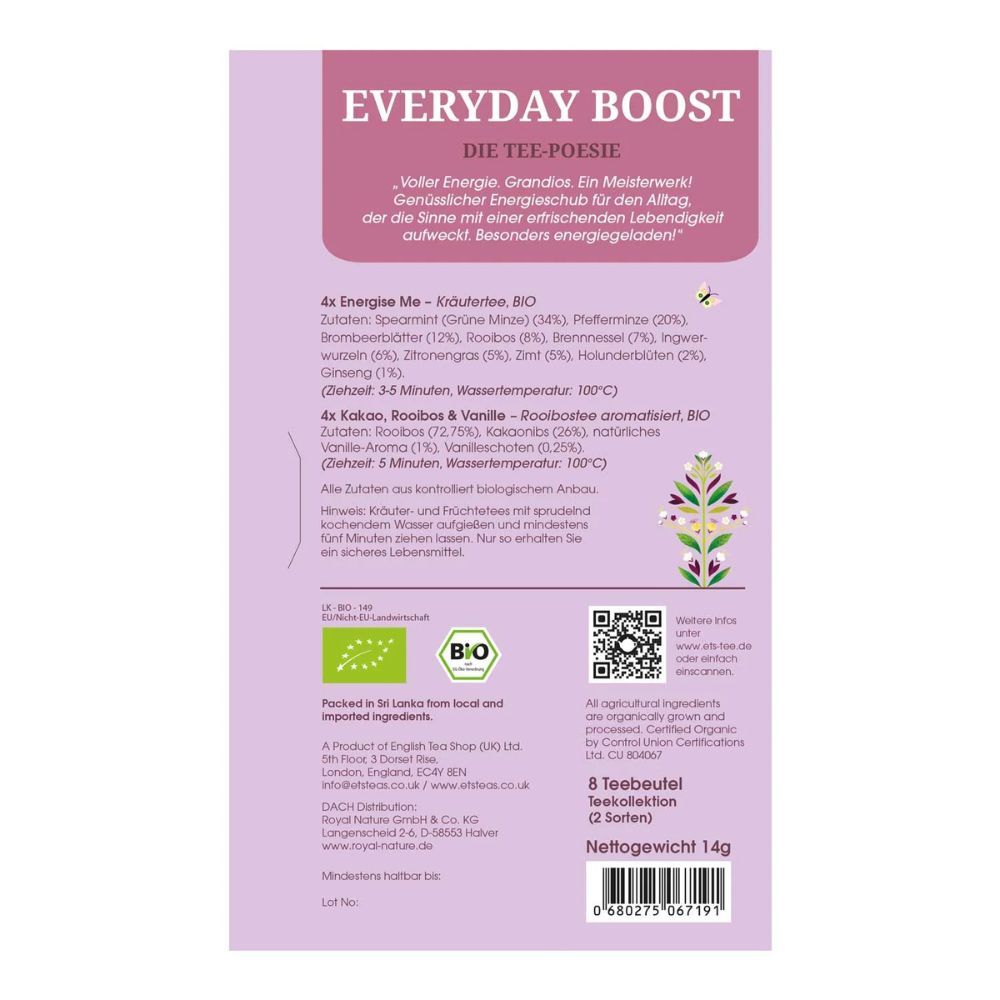 Rückseite der Geschenkbox. Text mit Inhaltsstoffen, Bio-Siegel, QR-Code und Nährwertangaben. Aufschrift: Everyday Boost, 8 Teebeutel.