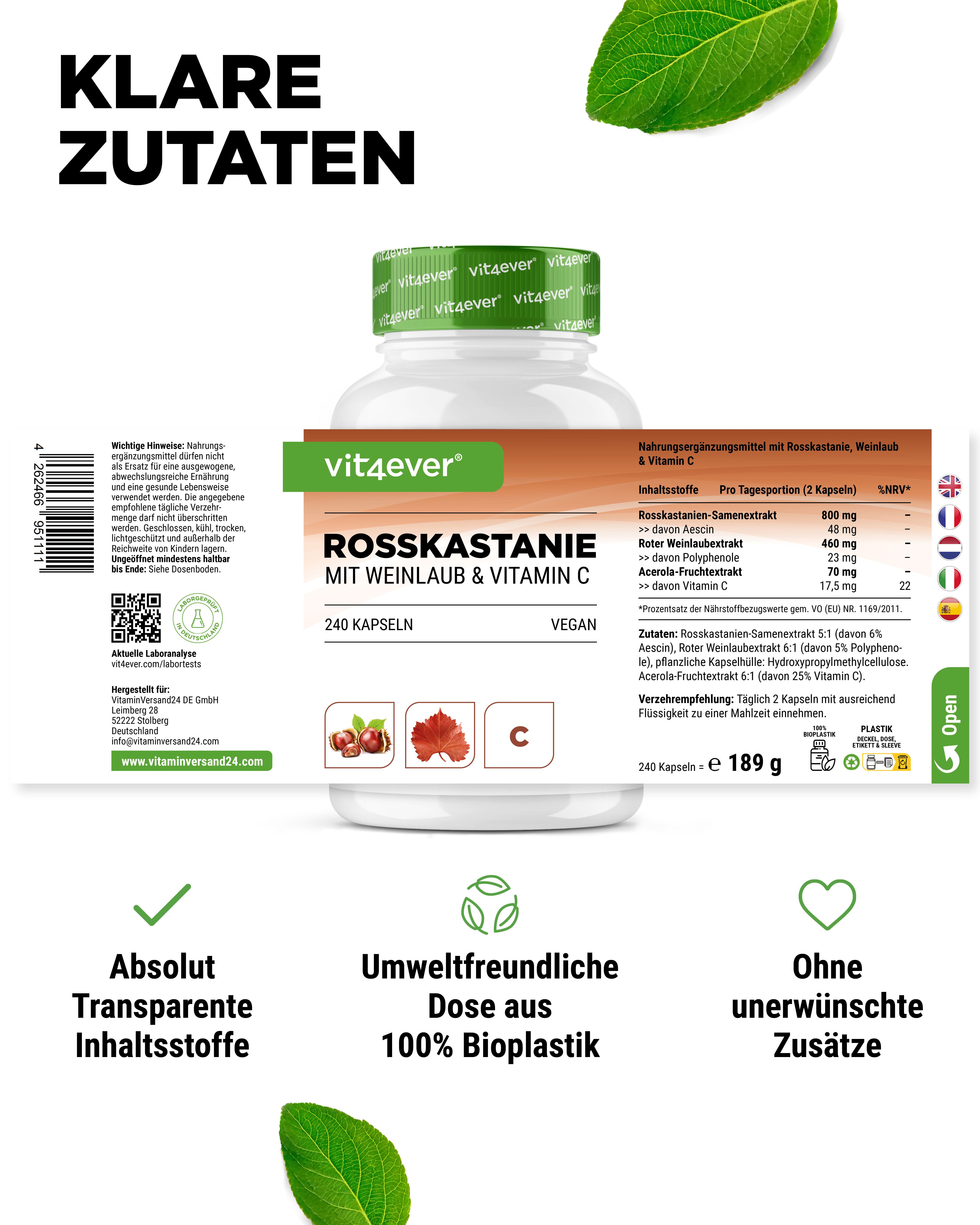 Weißes Pillenbehälter mit grünem Deckel. Aufschrift: Rosskastanie mit Weinlaub & Vitamin C. 240 Kapseln. Nährwertangaben. Zertifizierungen.