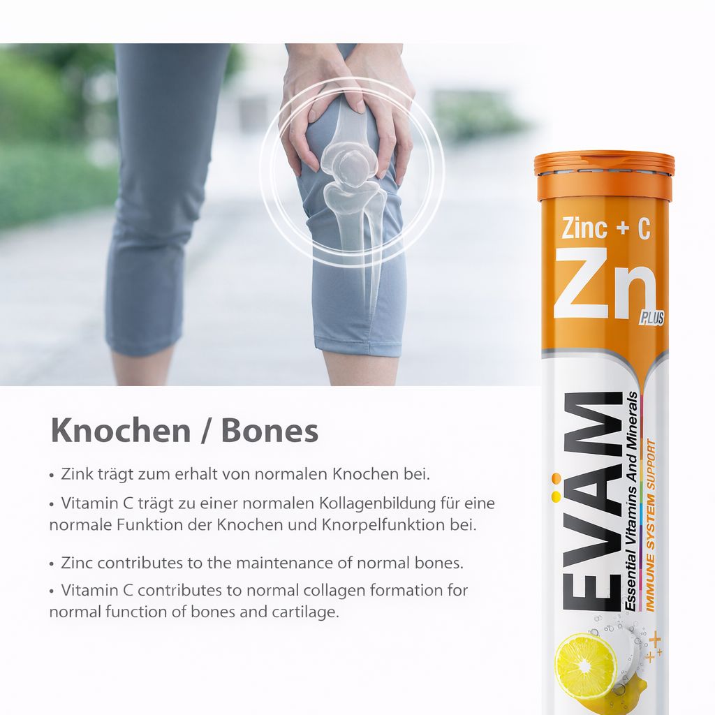 Brausetabletten-Tube mit EVÄM Vitamin C + Zink. Text: Knochen. Bein mit Knochen-Illustration. Zink für Knochen.