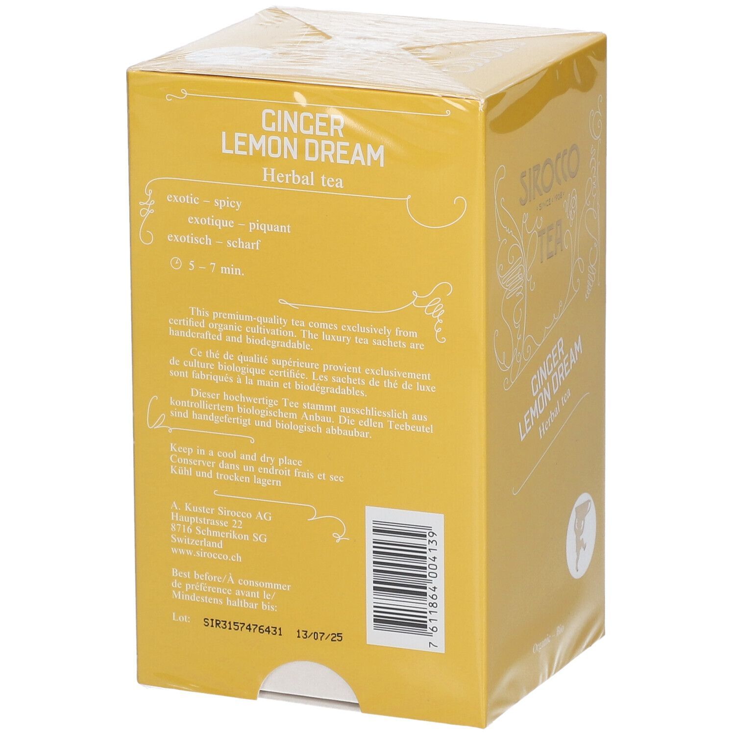 Gelbe Verpackung, Rückseite. Text: "Ginger Lemon Dream", Inhaltsstoffe, Gebrauchsanweisung, Herstellerangaben.