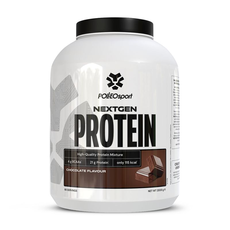 Weißer Behälter mit schwarzem Deckel. Aufschrift: NEXTGEN PROTEIN, CHOCOLATE FLAVOUR. Enthält 21g Protein und 115 kcal.