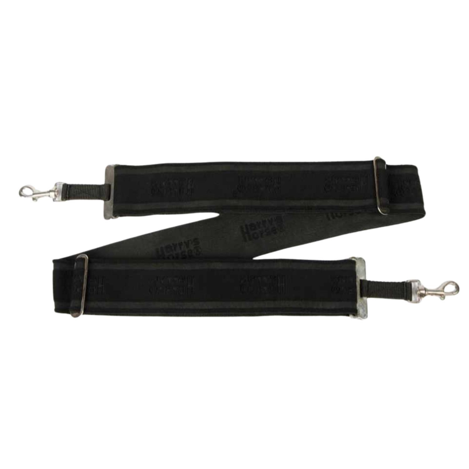Schwarzes, verstellbares Longierband mit Metallverschlüssen. Aufschrift "Harry's Horse".