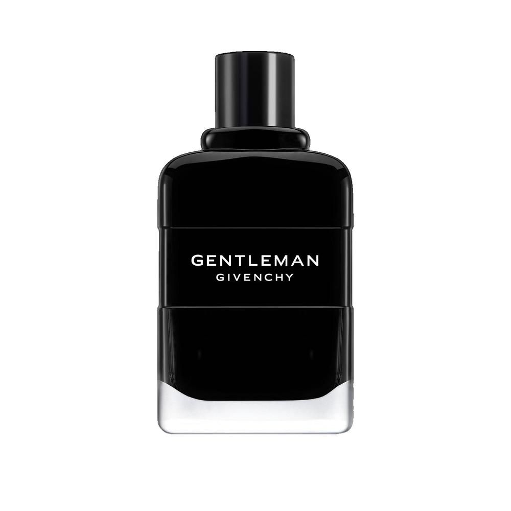 Schwarzer Flakon mit schwarzem Verschluss. Aufschrift: GENTLEMAN GIVENCHY. Rechteckige Form mit abgerundeten Ecken.