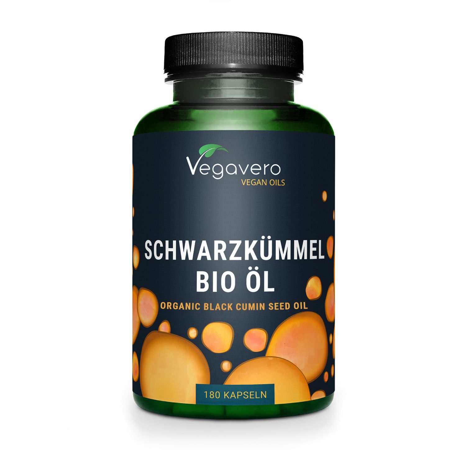 Grüne Flasche mit schwarzen Kapseln. Aufschrift: Schwarzkümmel BIO Öl. Vegan Oils. 180 Kapseln.