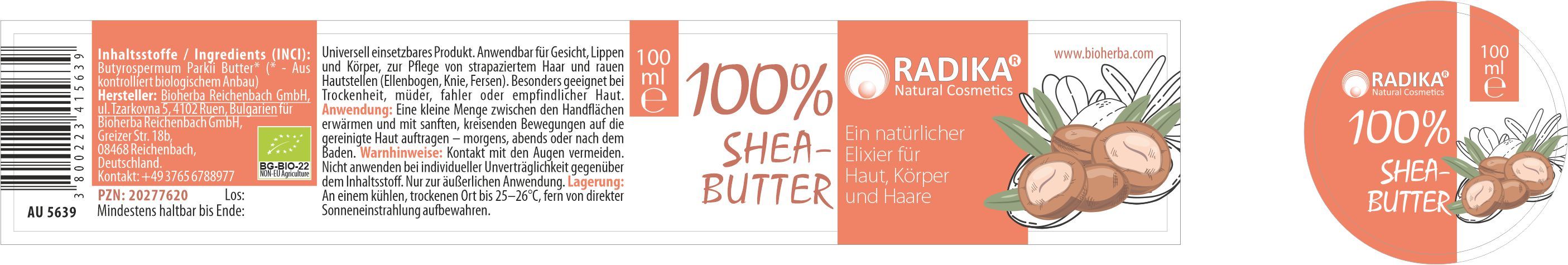 Etikett mit Text 100% Shea-Butter, Logo und Produktinformationen. Rundes Element mit Logo und Text.