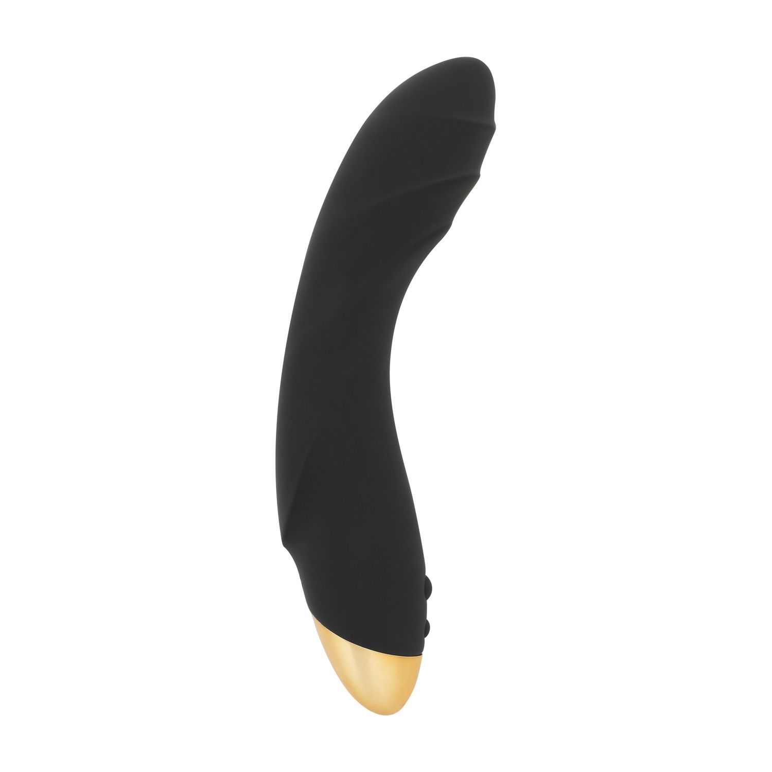 Schwarzer G-Punkt-Vibrator mit goldfarbenem Ende. Der Vibrator hat eine geschwungene Form und eine geriffelte Oberfläche.