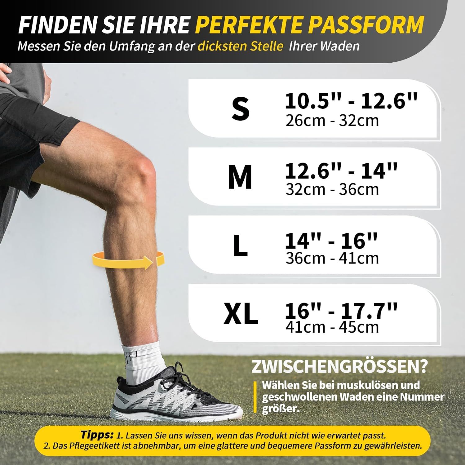 Größentabelle für Kompressionsstrümpfe mit Wadenumfang und Schuhgröße.