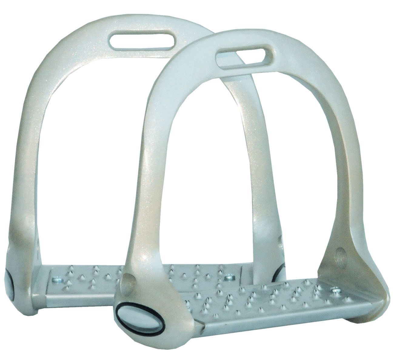 Zwei silberfarbene Steigbügel mit silberfarbenen Trittflächen. AMKA-Logo auf den Seiten.