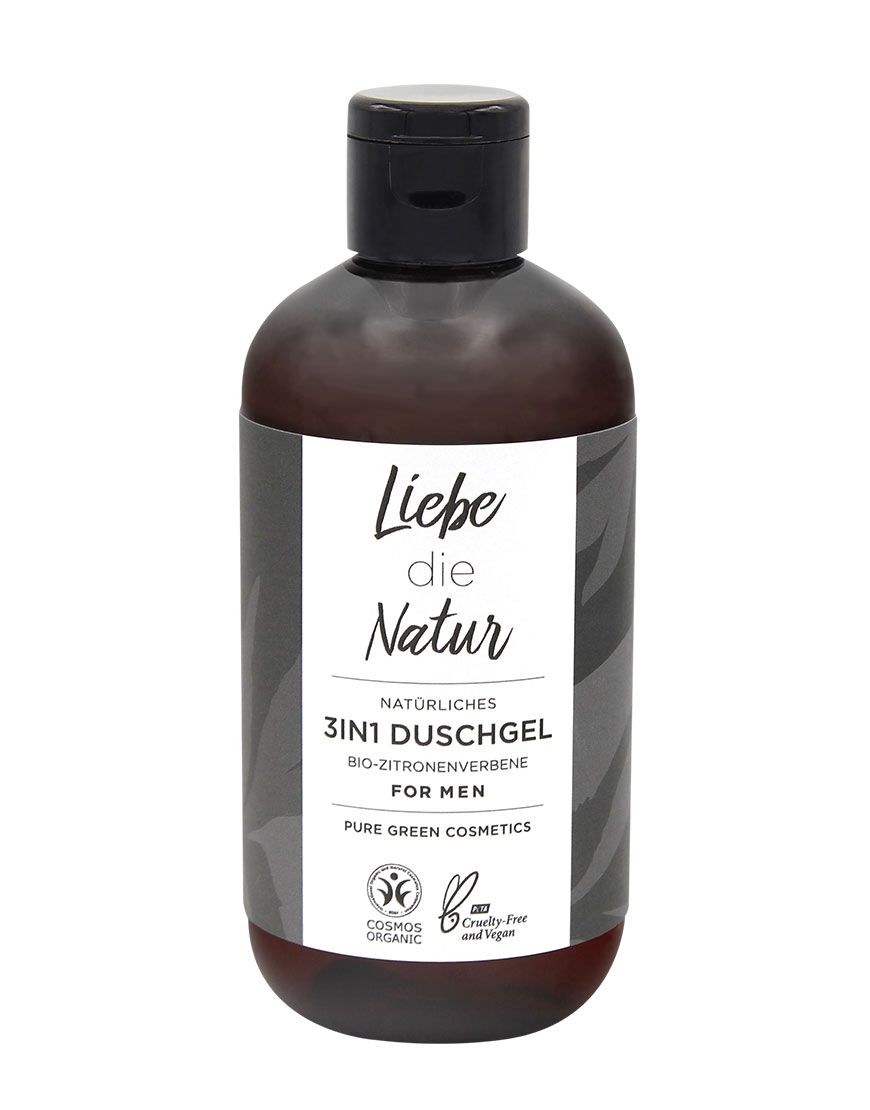 Braune Flasche mit schwarzem Deckel. Aufschrift: Liebe die Natur, 3in1 Duschgel, Pure Green Cosmetics. Bio-Zitronenverbene. Cosmos Organic.