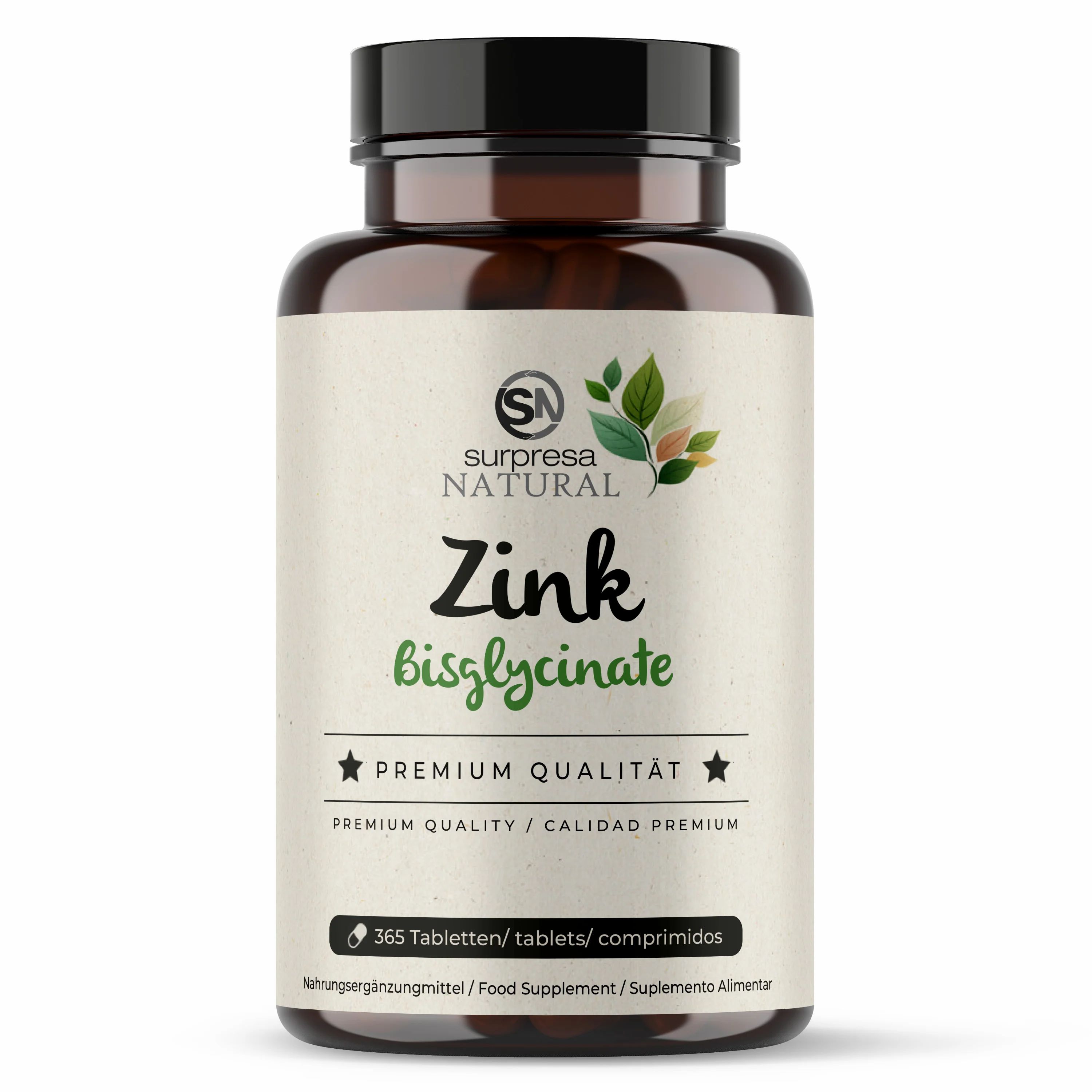 Braune Flasche mit Etikett. Aufschrift: Surpresa Natural Zink Bisglycinate. Premium Qualität. 365 Tabletten.