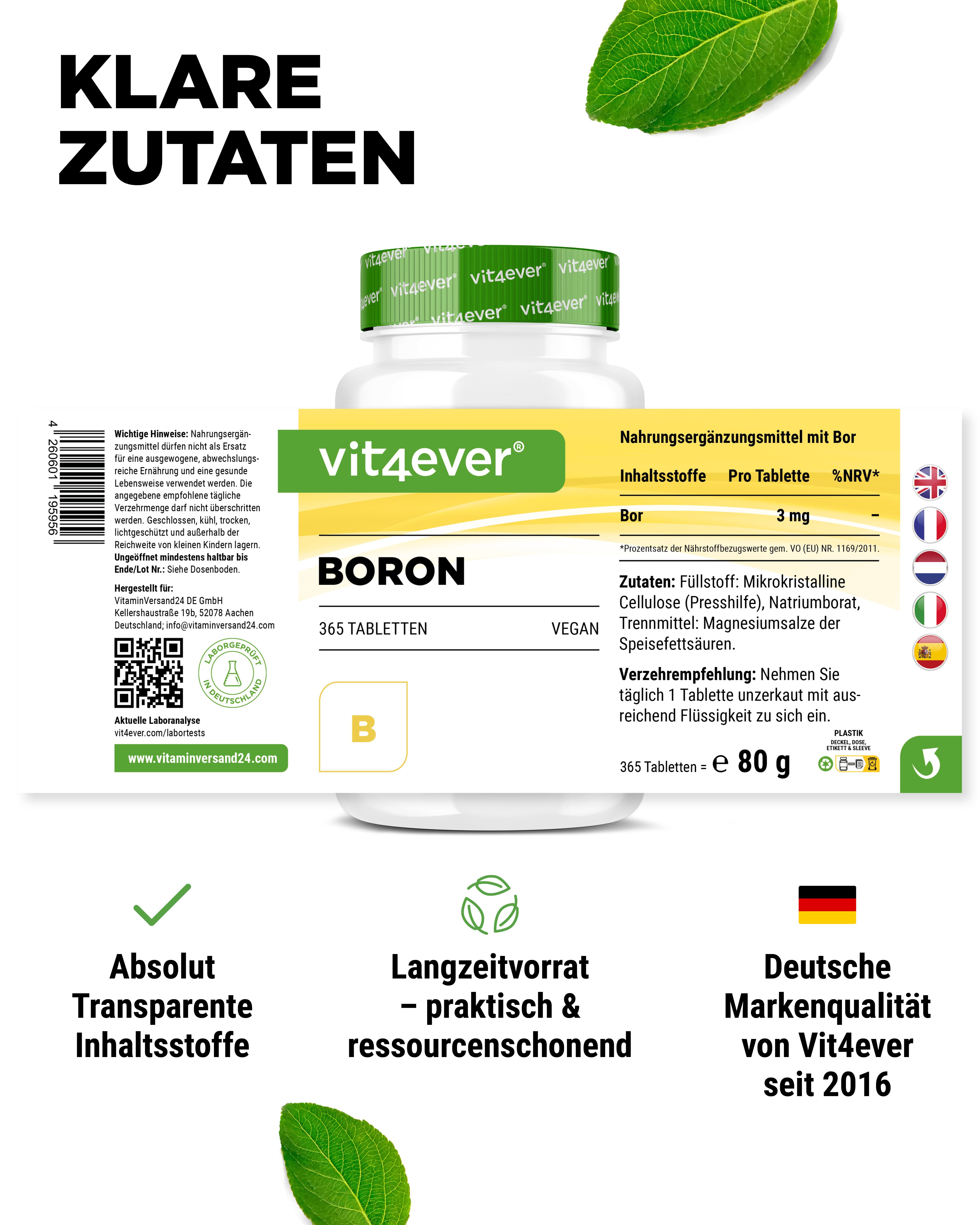 Vit4ever Boron-Behälter mit grünem Deckel. Aufschrift: Boron, 365 Tabletten, Vegan. Etikett mit Nährwertangaben und Inhaltsstoffen.