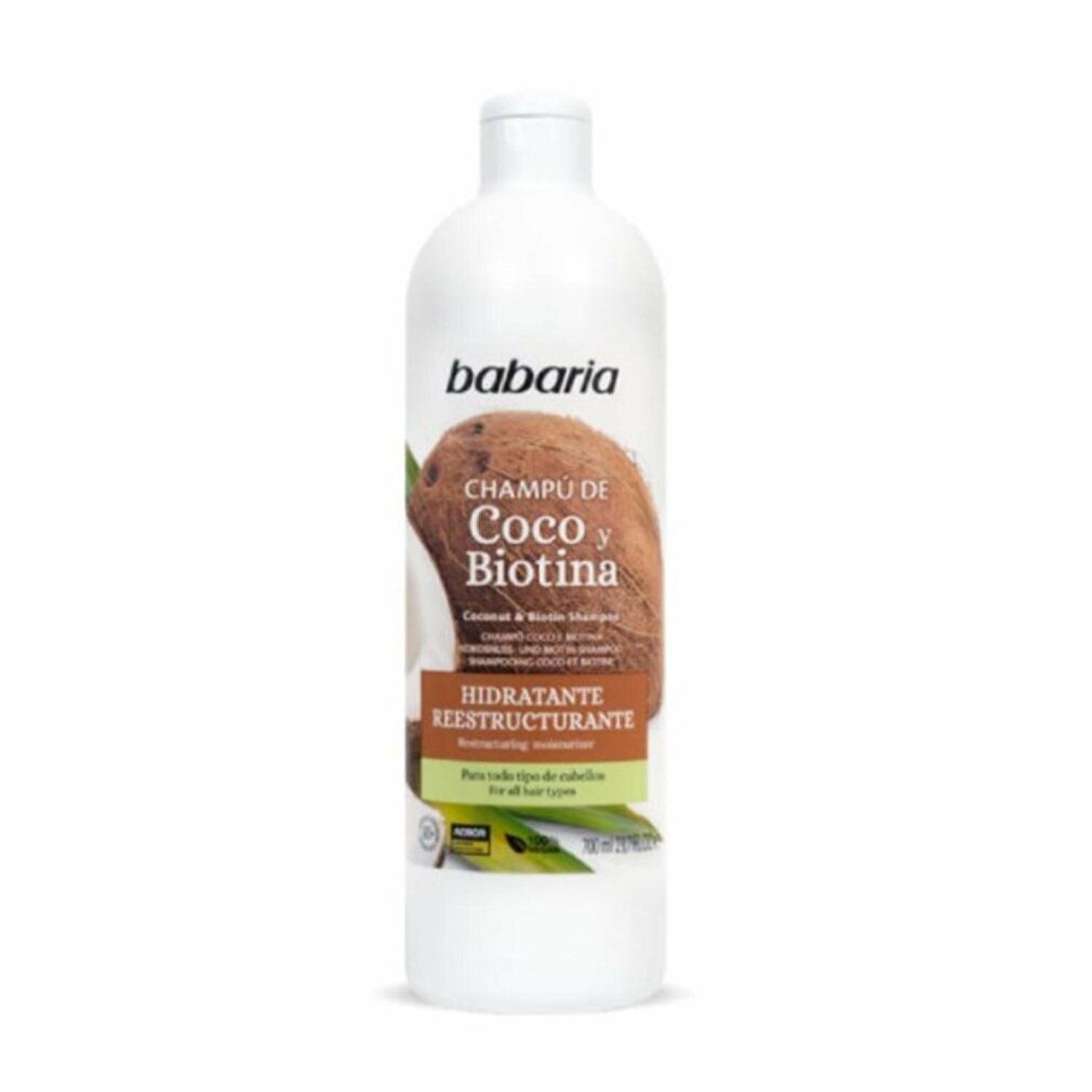 Babaria Shampoo-Flasche mit Kokosnuss- und Biotin-Etikett. Weißes Flaschendesign mit Produktnamen und Inhaltsangaben.