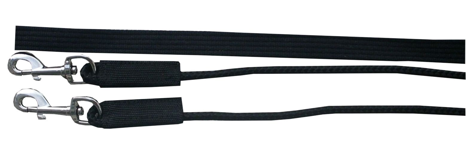 Schwarze Doppellonge mit zwei Karabinern und Griffen.