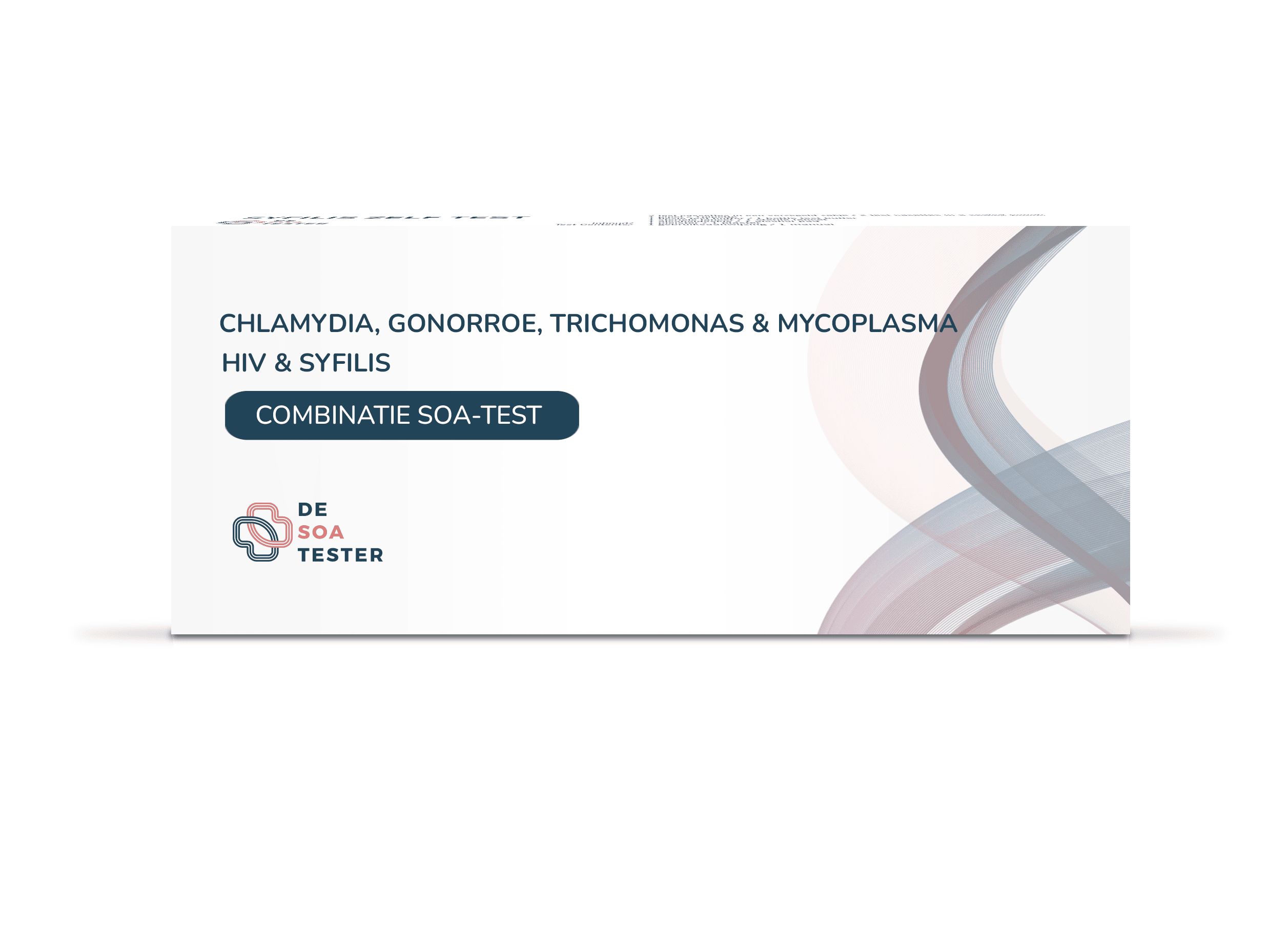 Kartonverpackung mit Text: Chlamydia, Gonorrhöe, Trichomonas & Mykoplasma, HIV & Syphilis. Aufschrift: Kombinatie SOA-Test. Logo: De SOA Tester.