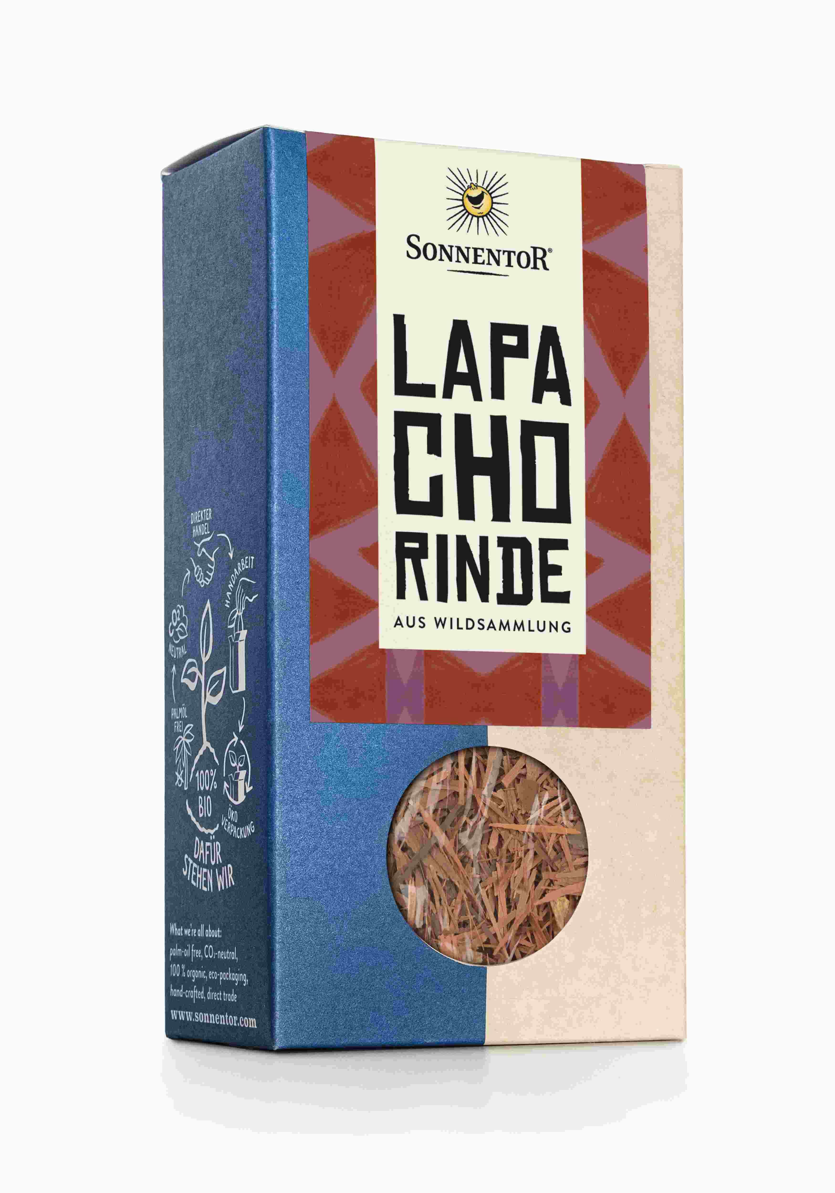 Kartonverpackung mit SonnentoR-Logo und Produktbezeichnung: Lapacho Rinde. Sichtfenster mit getrockneter Rinde. Aus Wildsammlung.