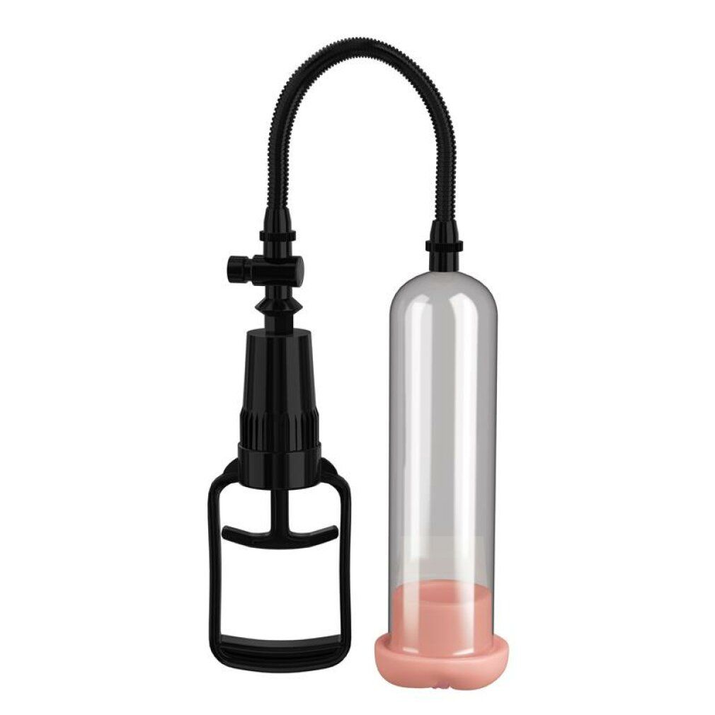 Pumpe mit transparentem Zylinder, schwarzem Griff und Schlauch. Rosa Basis im Zylinder.