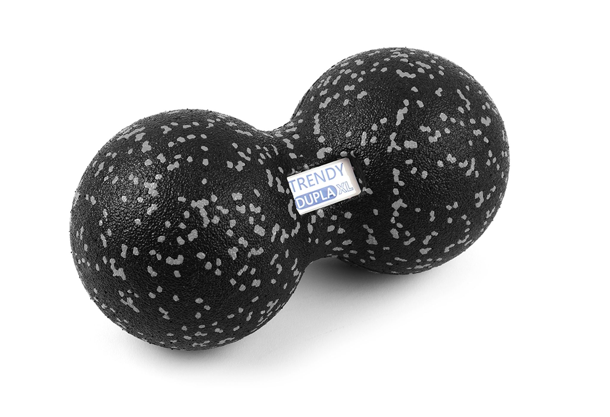 Schwarzer Faszienduoball mit weißen Punkten. Zwei Kugeln verbunden. Label mit "Trendy Dupla XL".