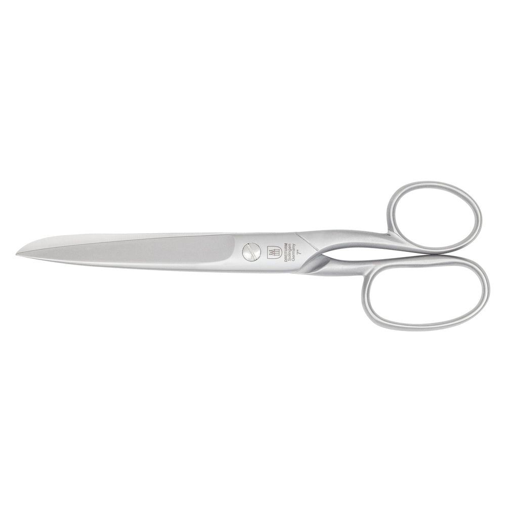 Silberne Schere mit abgerundeten Griffen. Logo und Schriftzug auf der Klinge. Original Solingen.