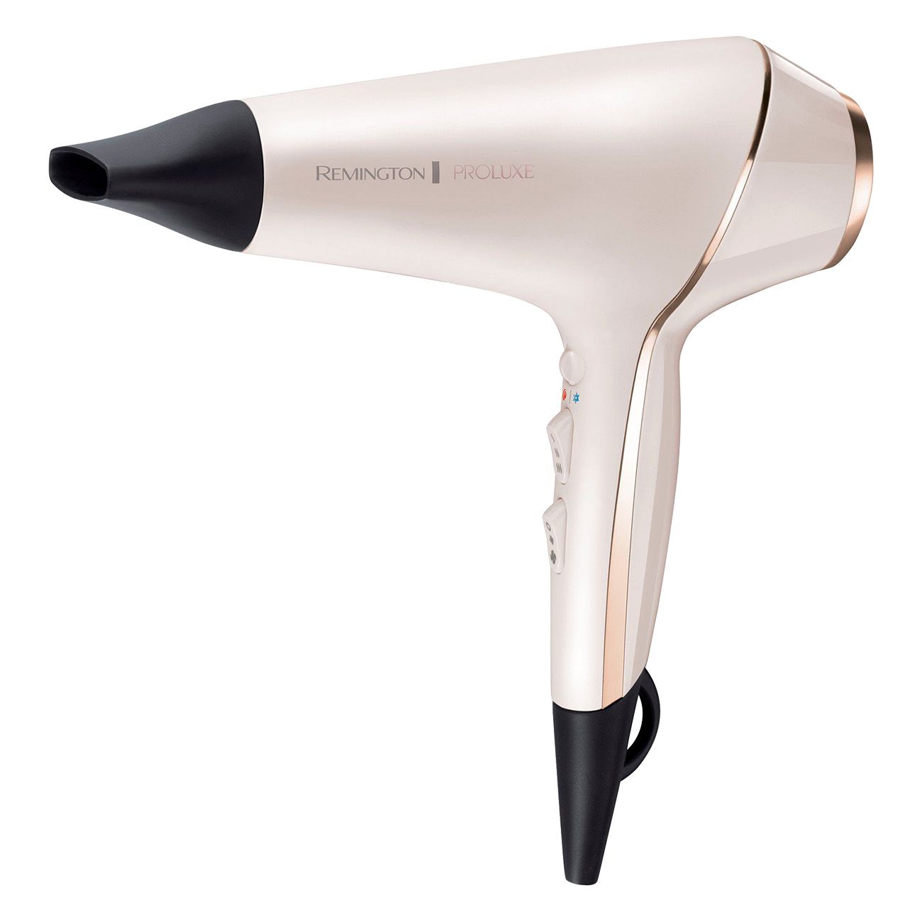 Haartrockner in Weiß-Gold mit schwarzem Mundstück und Griff. Marke: Remington Proluxe.