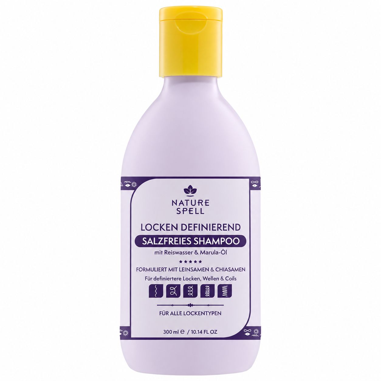 Flasche NATURE SPELL Locken definierendes Salzfreies Shampoo mit gelbem Deckel.