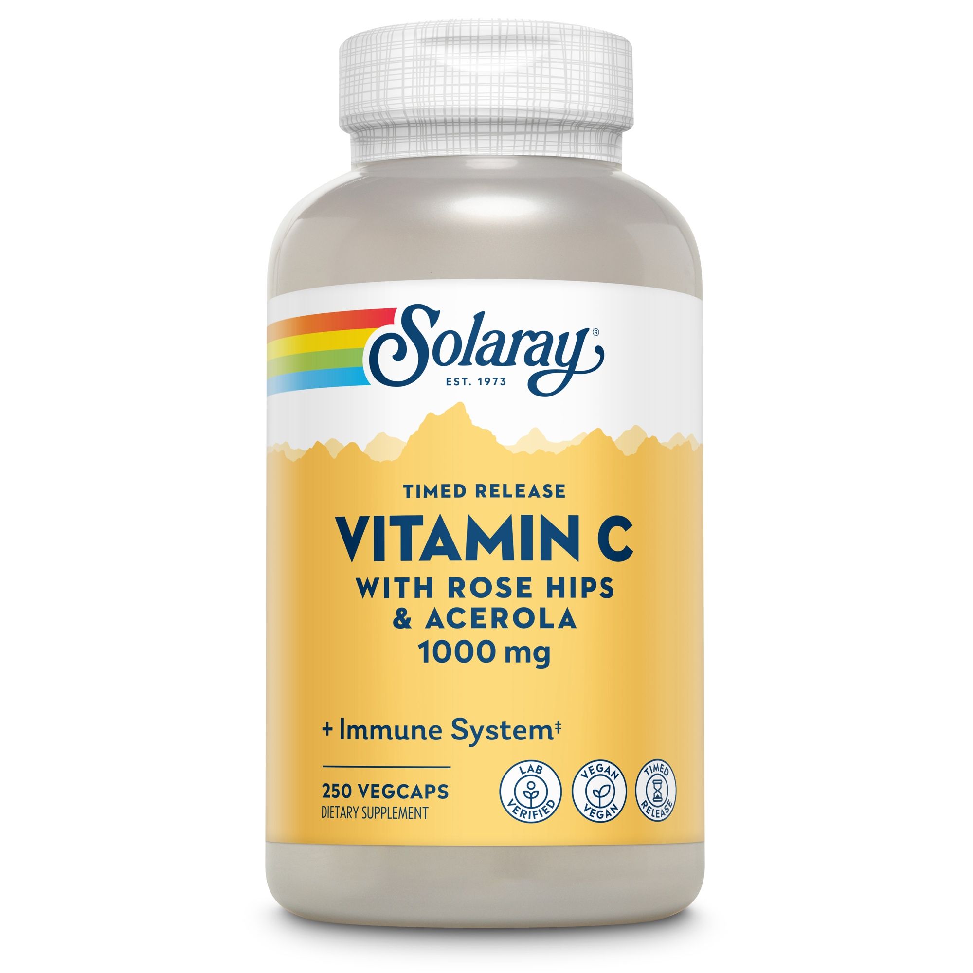Solaray Vitamin C 1000 mg. Weiße Flasche, gelbes Etikett. Text: Timed Release, mit Hagebutte & Acerola, 250 Vegcaps. Zertifizierungen.