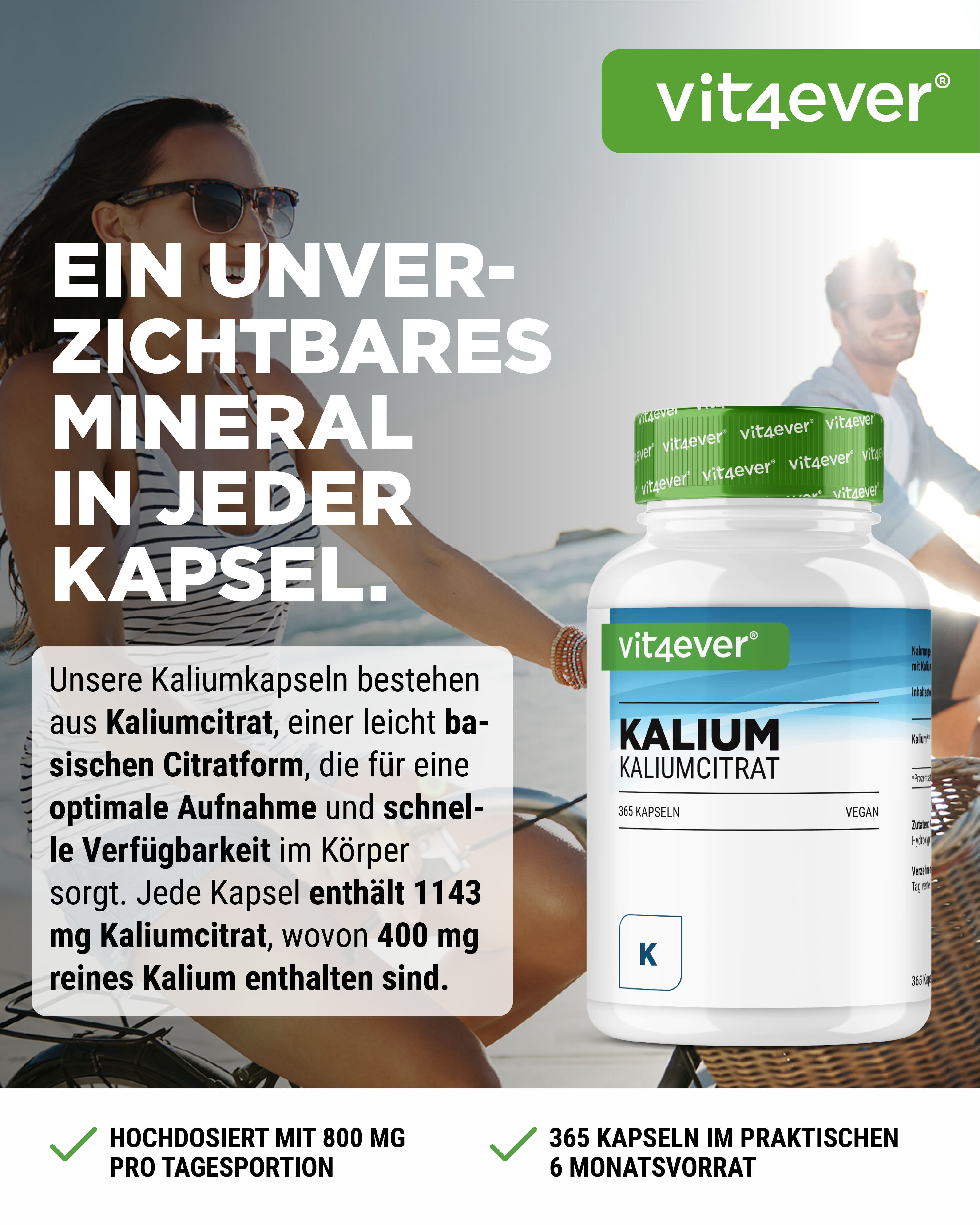 Werbebild mit Flasche. Frau auf Fahrrad, Mann im Hintergrund. Aufschrift: vit4ever, Kalium Kaliumcitrat, 365 Kapseln, Vegan.