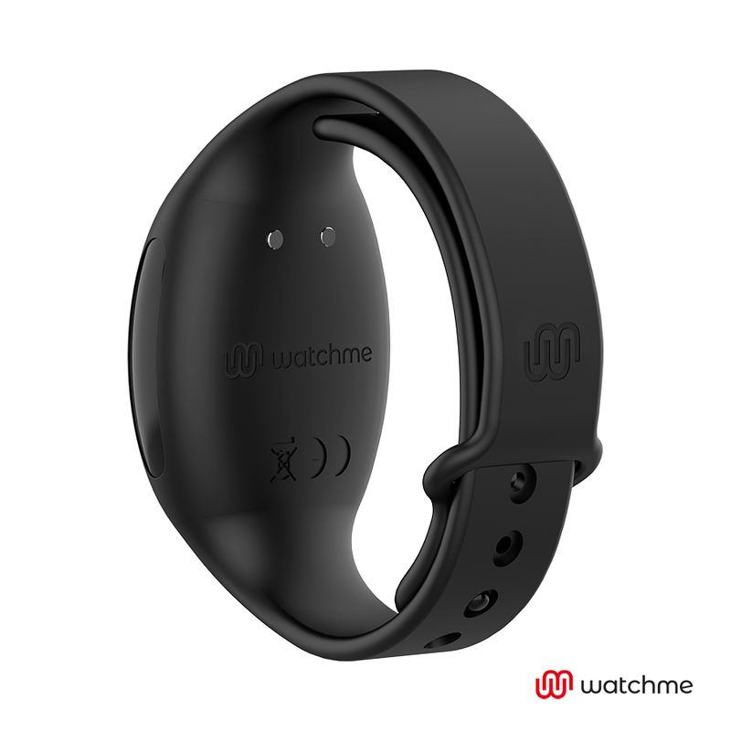 Rückseite des schwarzen Armband-Controllers mit Watchme-Logo und CE-Zeichen.