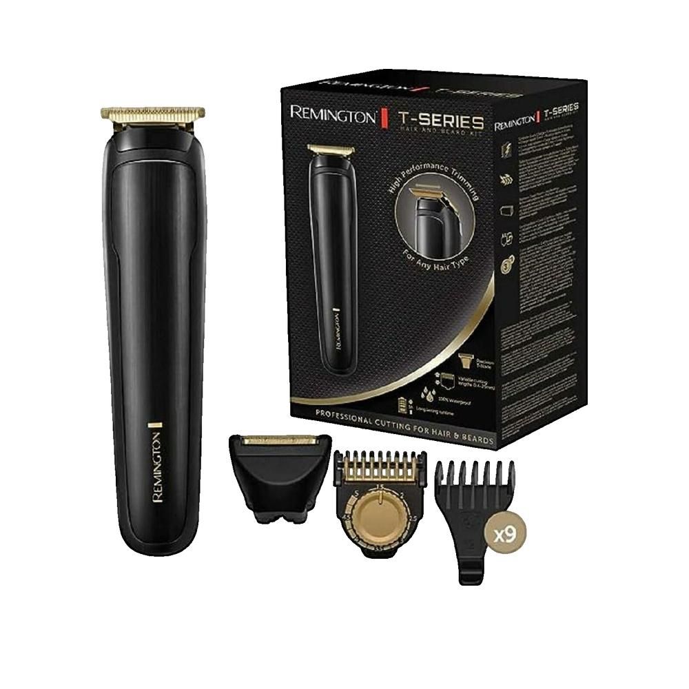 Schwarzer Bartschneider mit Zubehör und Verpackung. Auf der Verpackung steht "Remington T-Series".