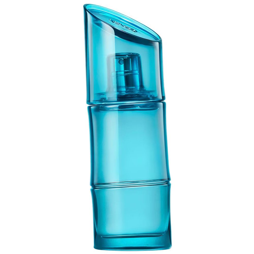 Blaues KENZO HOMME Eau de Toilette Marine-Parfüm, zylindrisch, mit schrägem Deckel, auf weißem Hintergrund.