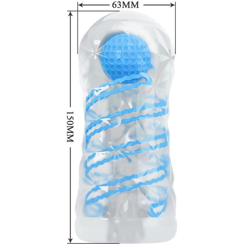 Masturbator mit blauen Spiralen und Golfball-Design. Maße: 150mm hoch, 63mm breit.