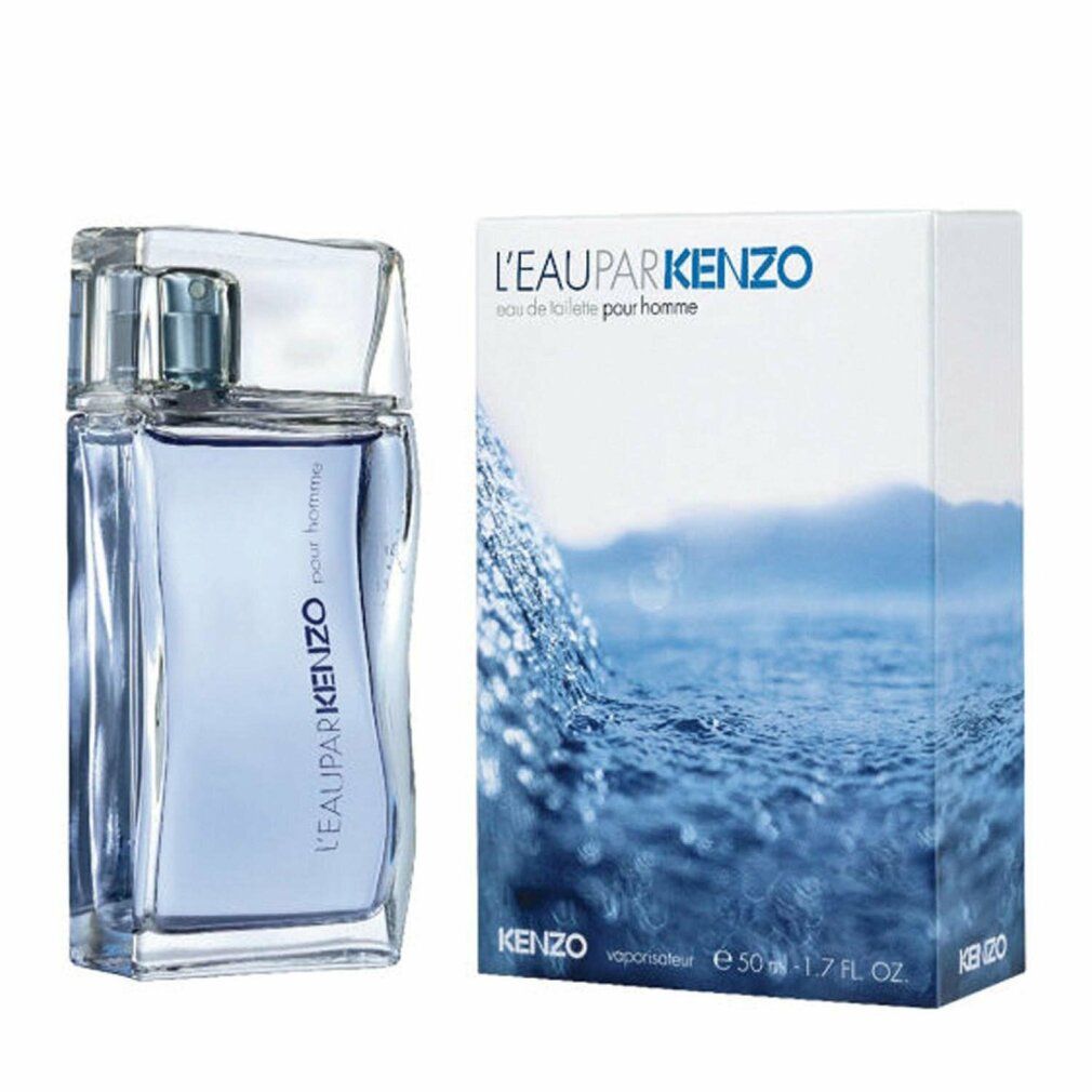 Flakon und Verpackung. Flakon mit blauem Inhalt, transparente Kappe. Verpackung mit Wellenmuster. Text: L'EAU PAR KENZO, 50 ml, 1.7 FL.OZ.