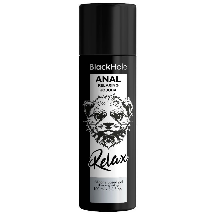 Schwarze Flasche mit Produktbezeichnung "ANAL RELAXING JOJOBA". Enthält ein Tier-Logo und den Schriftzug "Relax".