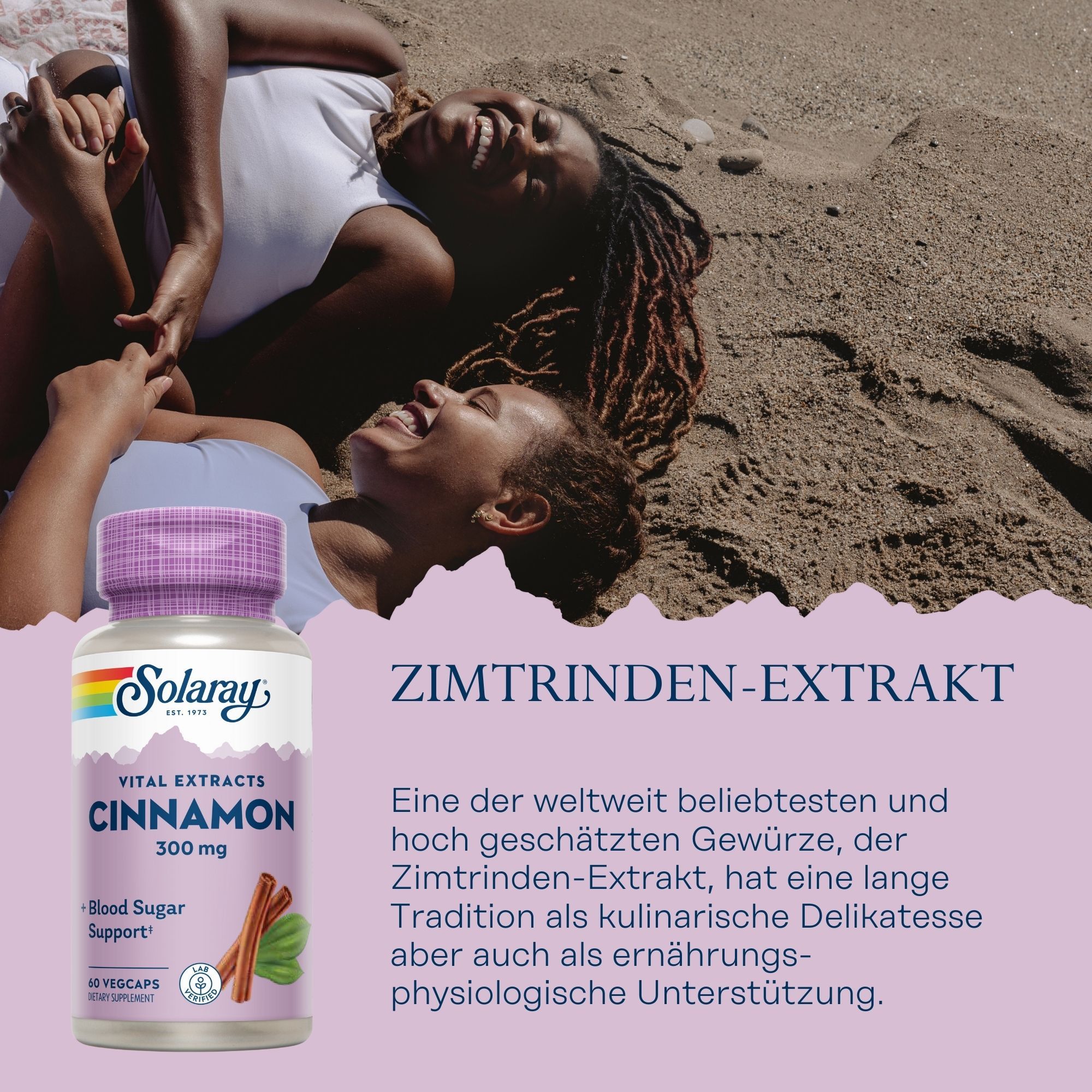 Flasche mit Kapseln. Aufschrift: Solaray, Zimtrinden-Extrakt 300 mg, 60 Vegicaps. Abbildung von Zimtstangen und Blättern.