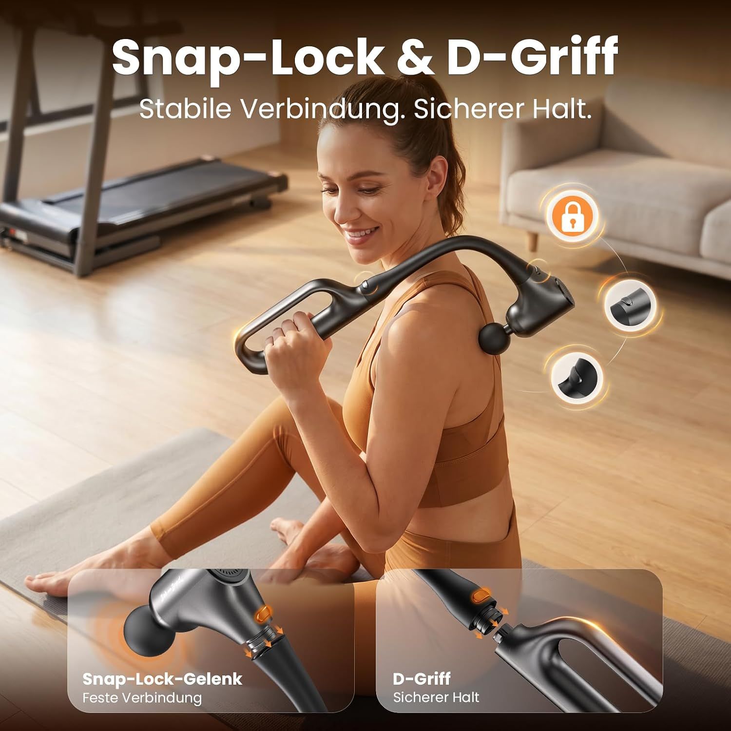Massagegerät mit abnehmbarem D-Griff und Snap-Lock-Verbindung.