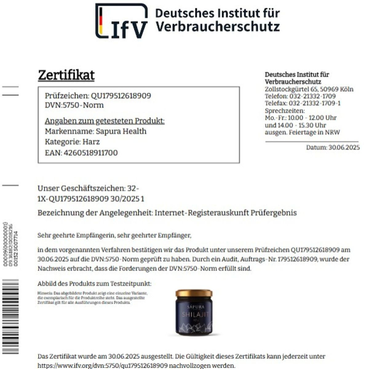 Zertifikat des Deutschen Instituts für Verbraucherschutz. Bestätigung der Prüfung von Shilajit Harz. Marke: Sapura Health.