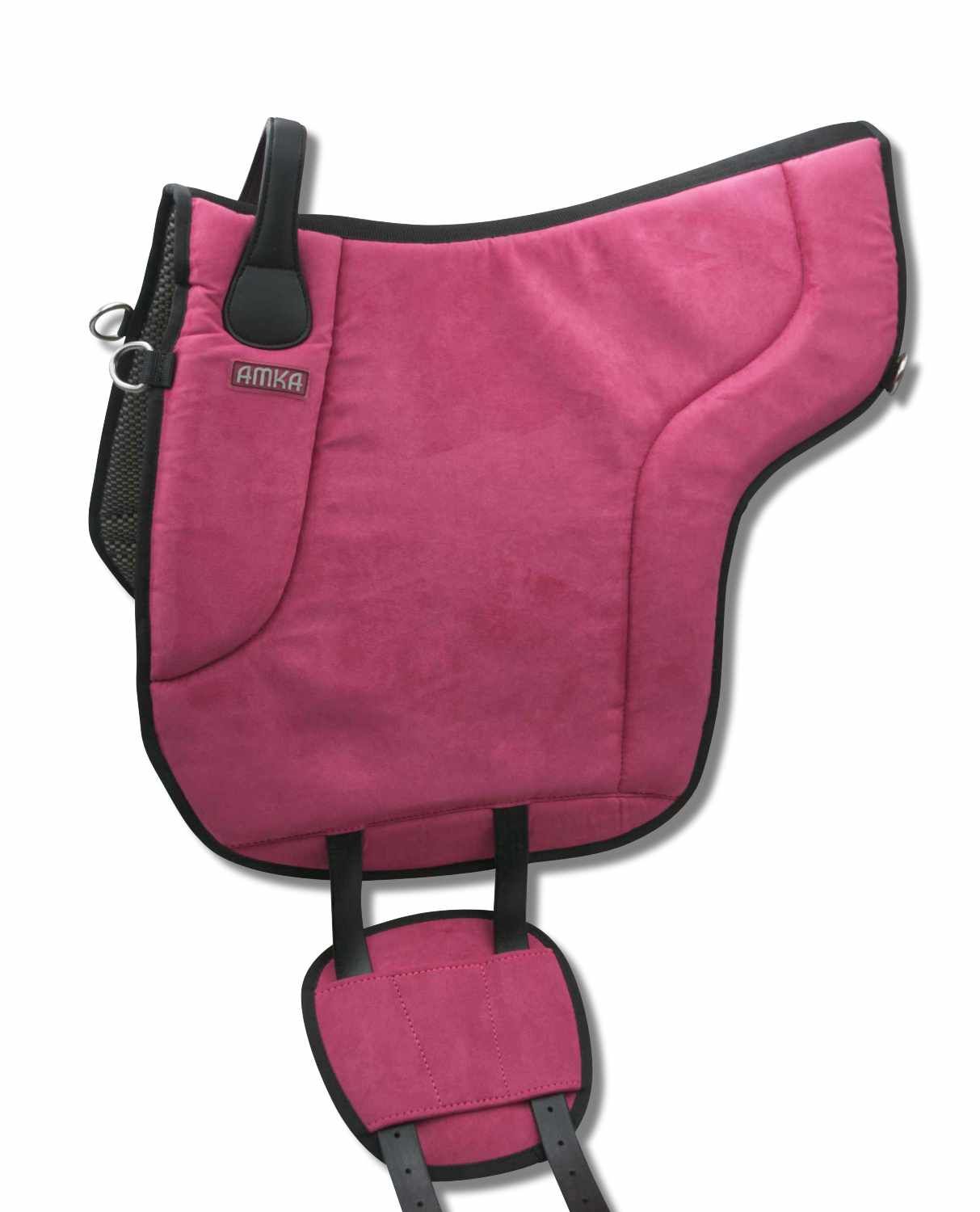 AMKA Wildleder Reitpad, pink. Mit Griff, Gurten und Logo. Detailansicht.