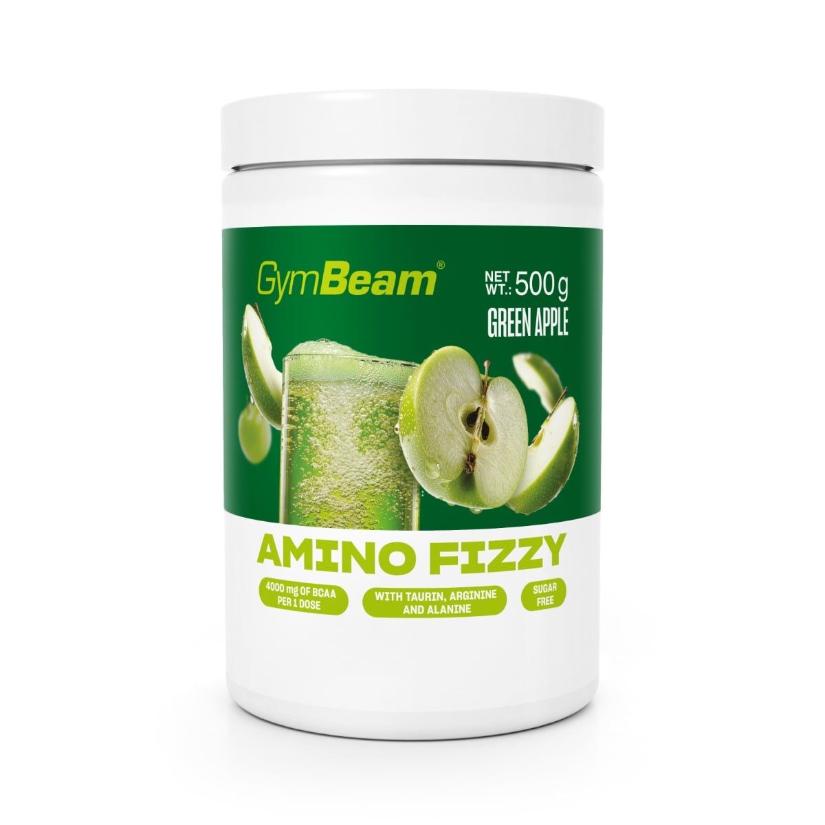 GymBeam Amino Fizzy Brausepulver in Grünem Apfelgeschmack, 500g Dose. Enthält Taurin, Arginin und Alanin.
