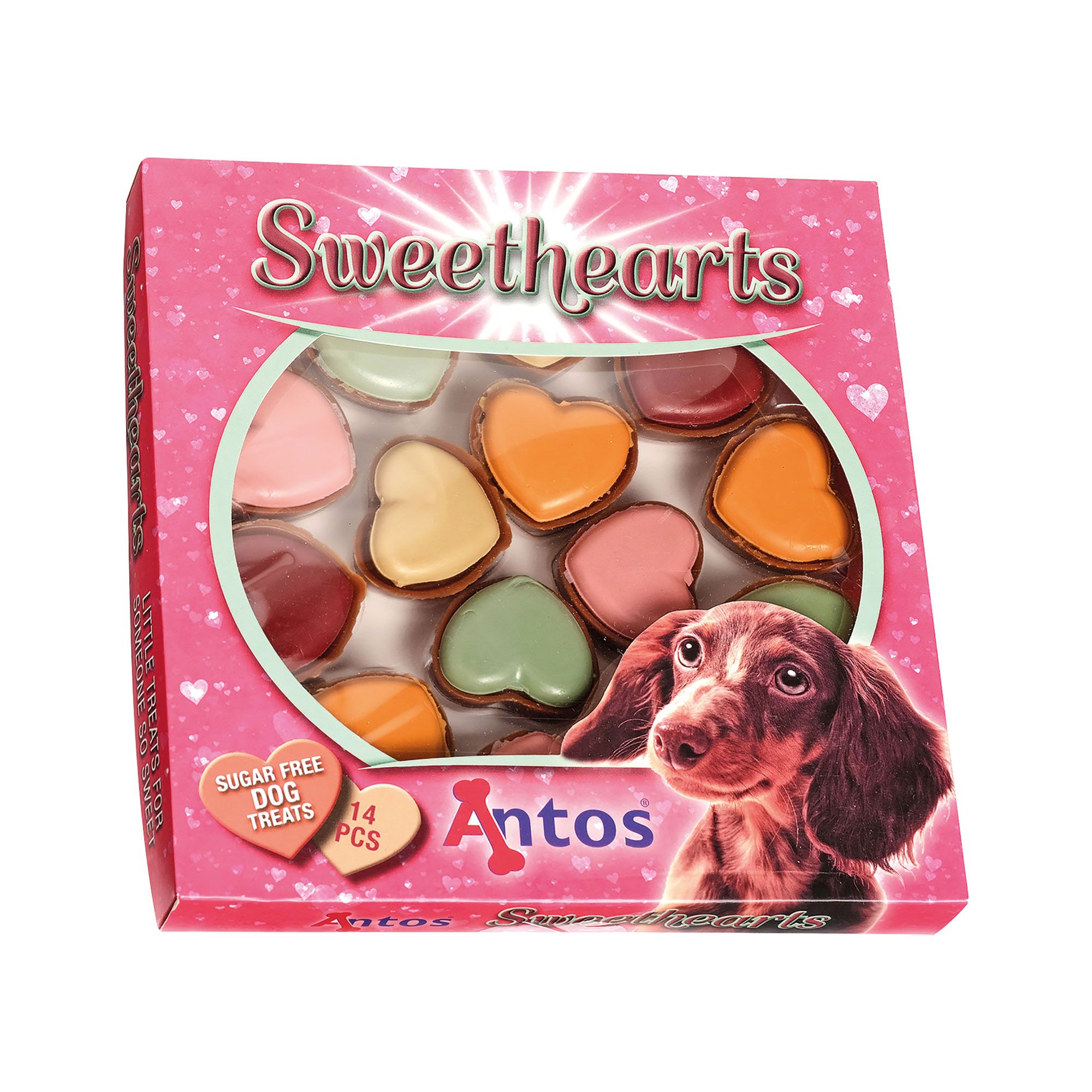 Rosa Verpackung mit Herz-Leckerlis für Hunde. Sichtfenster, 14 Stück. Aufdruck: Sweethearts, Antos. Abbildung eines Hundes.