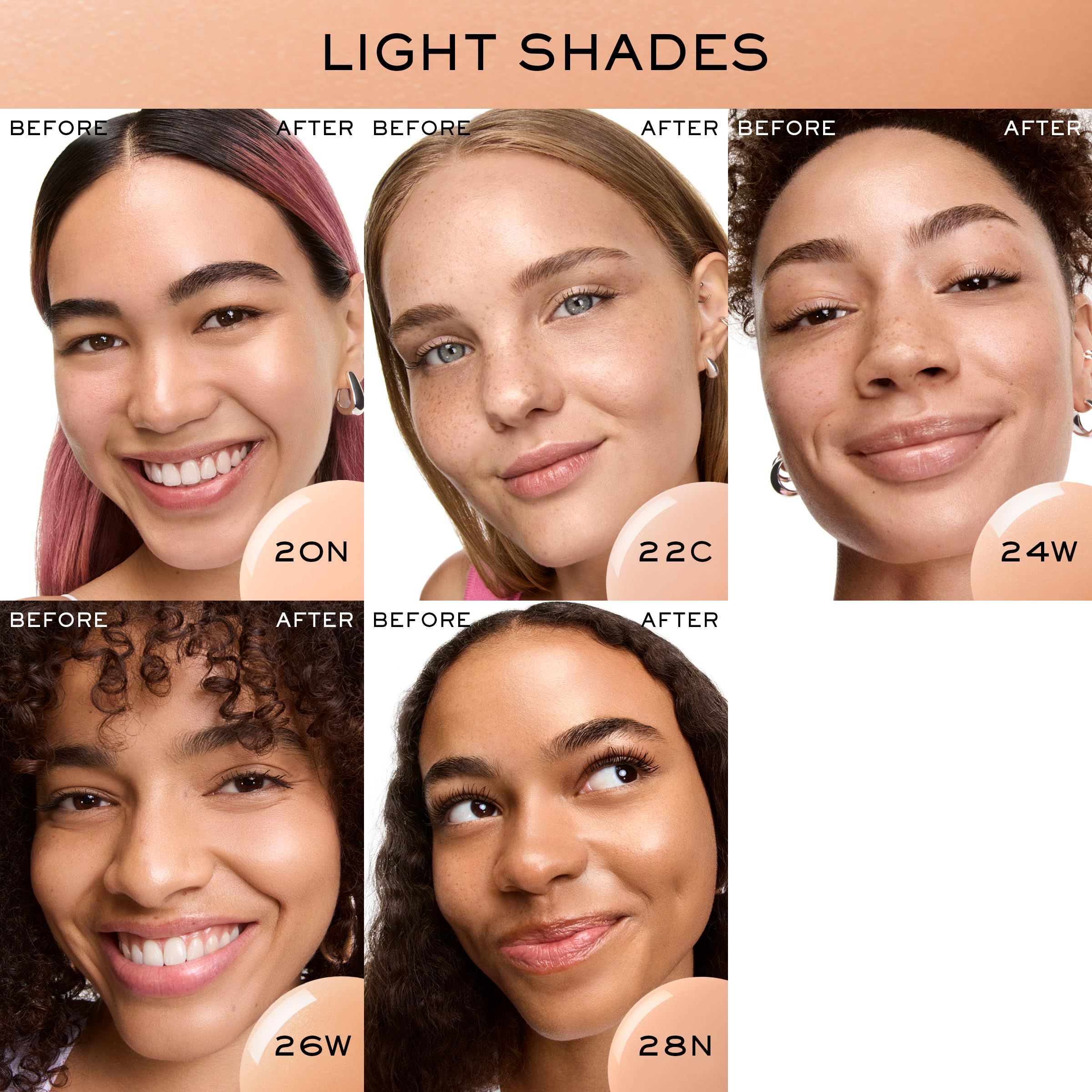 Fünf Frauen zeigen verschiedene Hauttöne mit Lancôme Idôle Serum.