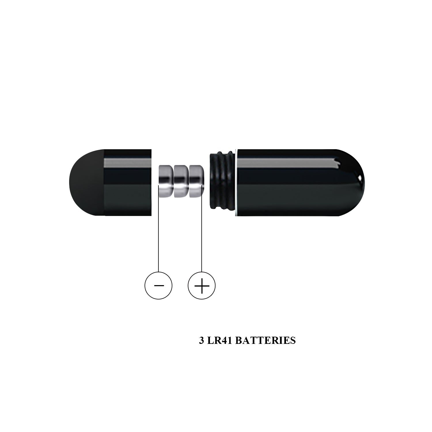 Zerlegtes Produkt. Schwarzes Gehäuse mit Batterien. 3 LR41 Batterien. Plus- und Minuszeichen.