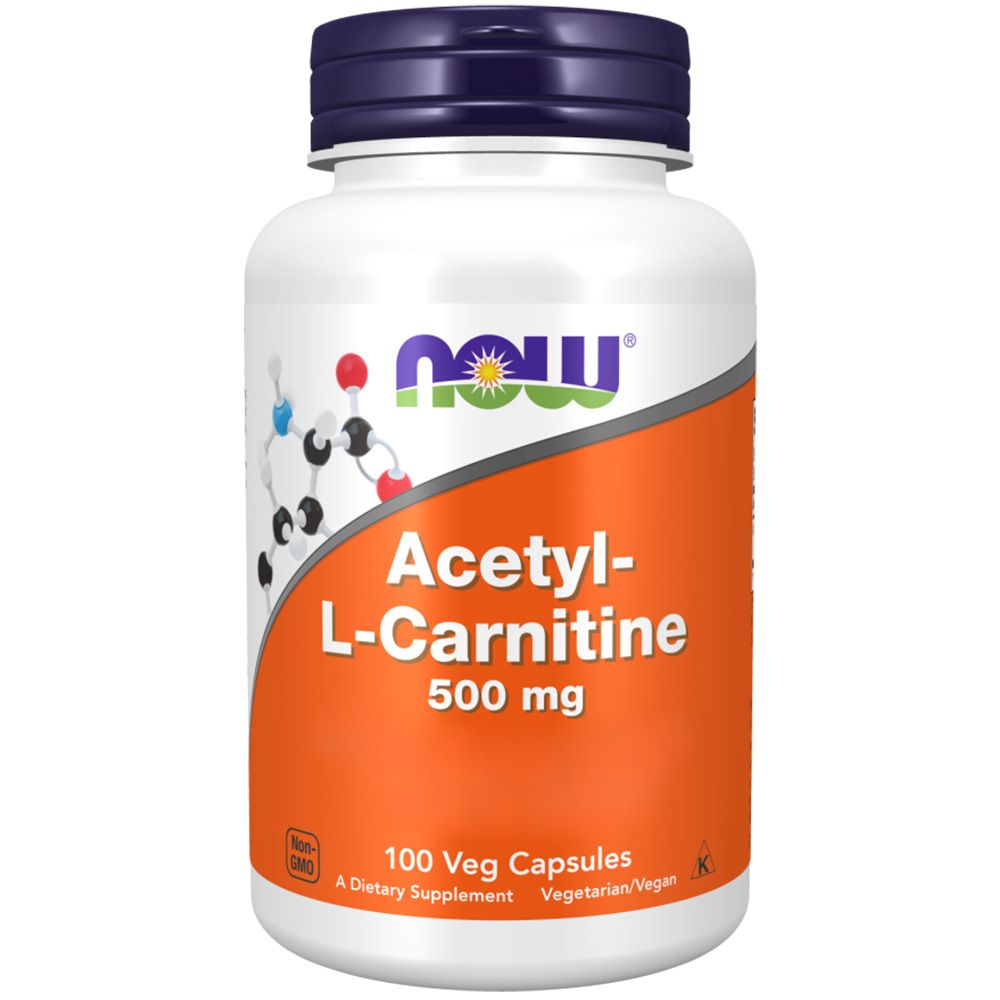 Weiße Flasche mit blauem Deckel. Aufschrift: NOW, Acetyl-L-Carnitin 500 mg. 100 Veg Capsules. Vegetarisch/Vegan.