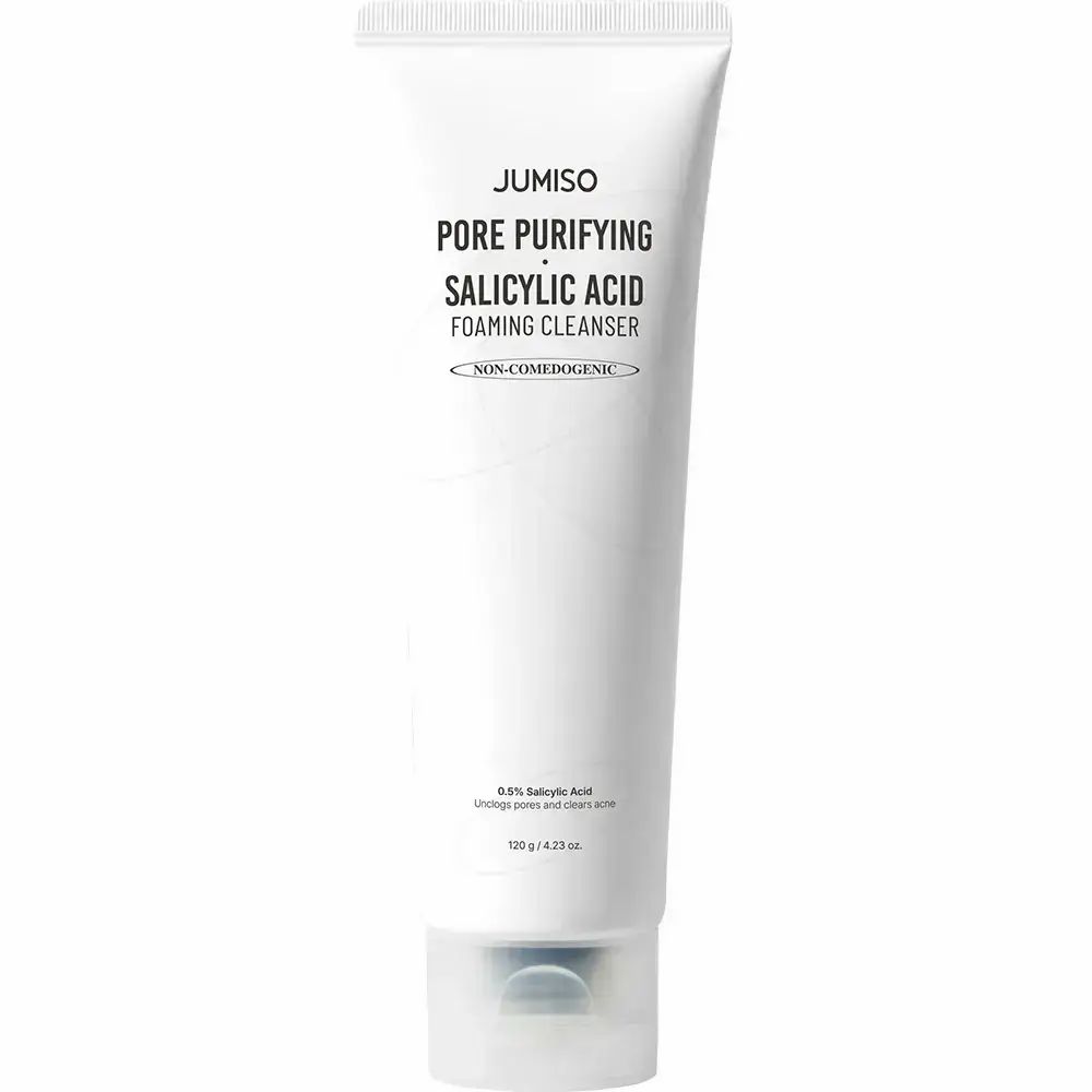 Weiße Tube mit Aufschrift JUMISO Pore Purifying Salicylic Acid Foaming Cleanser. Unten steht 120 g / 4.23 oz.