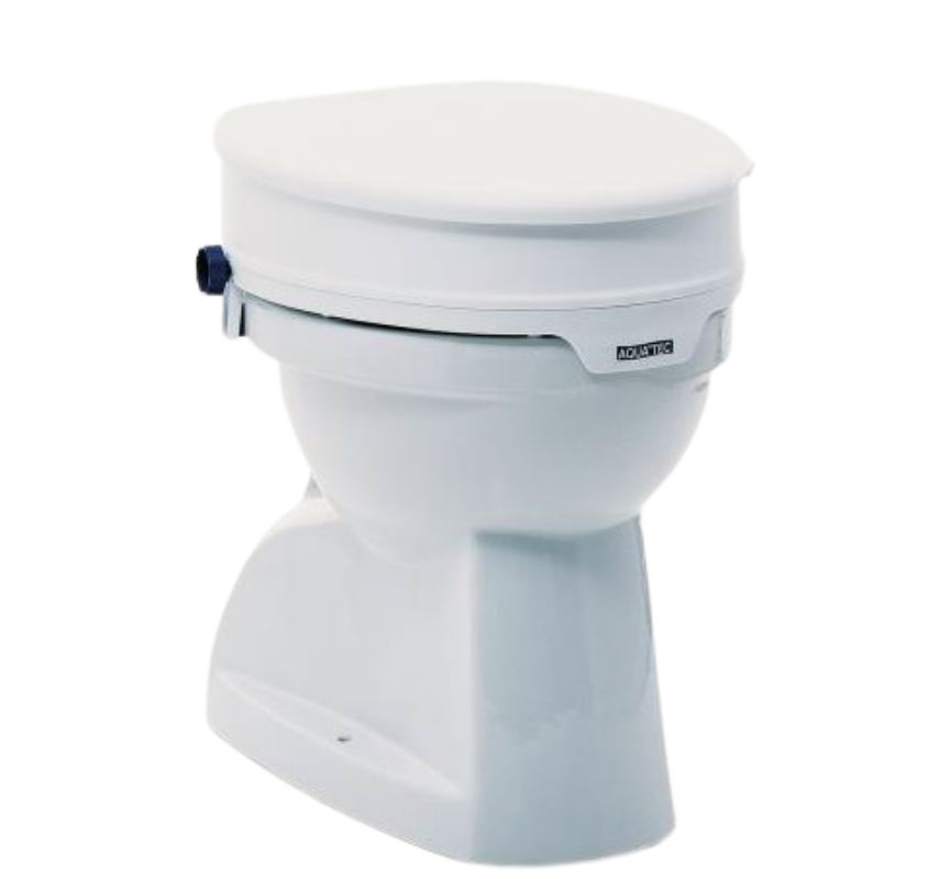 Toilettensitzerhöhung mit Deckel. Weißes Kunststoffprodukt. Blaue Befestigung. Aquatec-Logo.