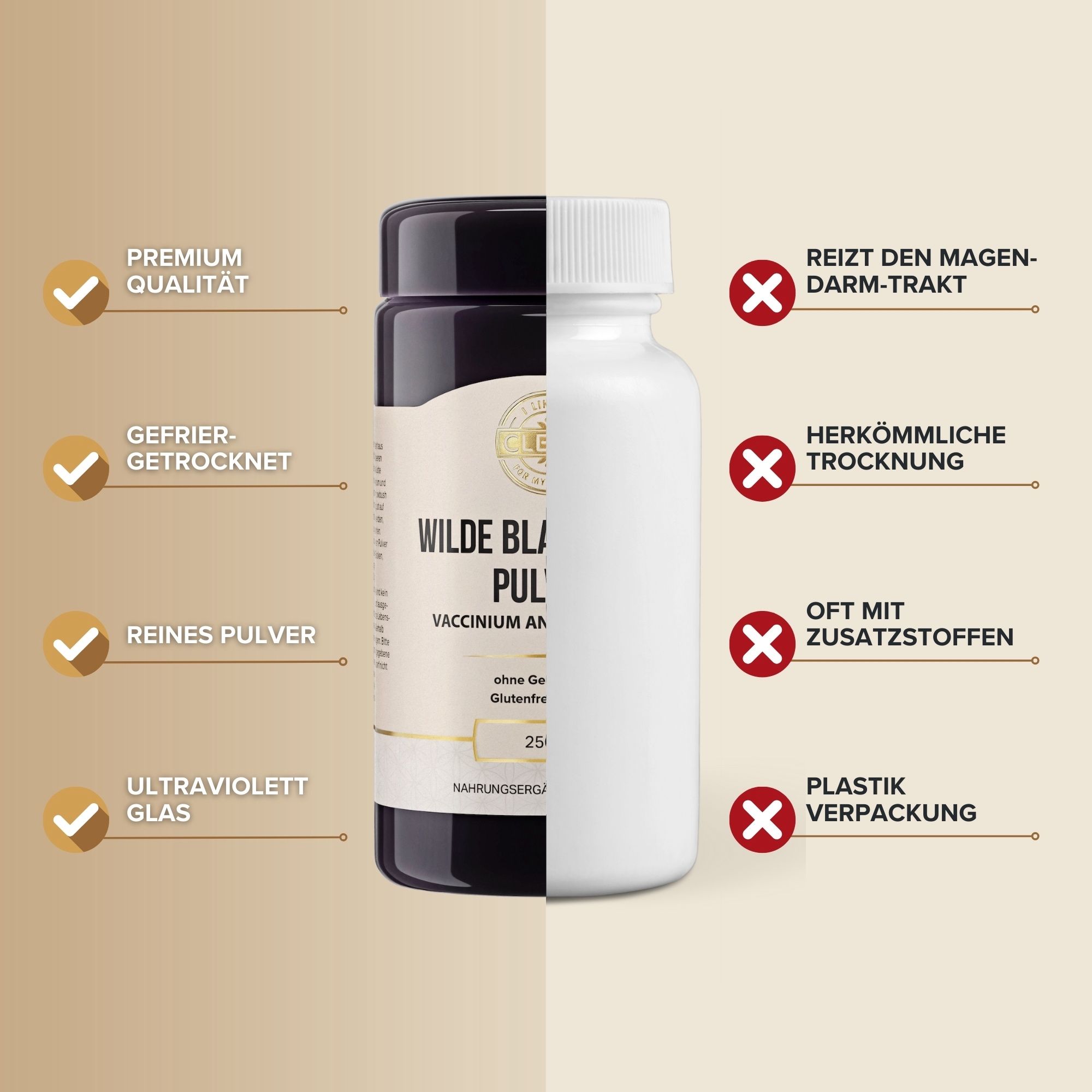 Dunkle Dose und weiße Flasche. Aufschrift: Wilde Blaubeeren Pulver. Logos: Premium Qualität, gefriergetrocknet, reines Pulver.