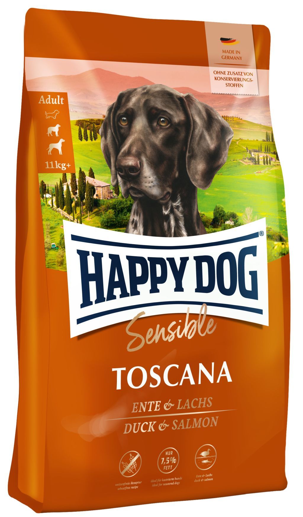 Hundefutter-Beutel. Aufdruck: HAPPY DOG Sensible Toscana, Ente & Lachs. Abbildung eines Hundes. Hergestellt in Deutschland.