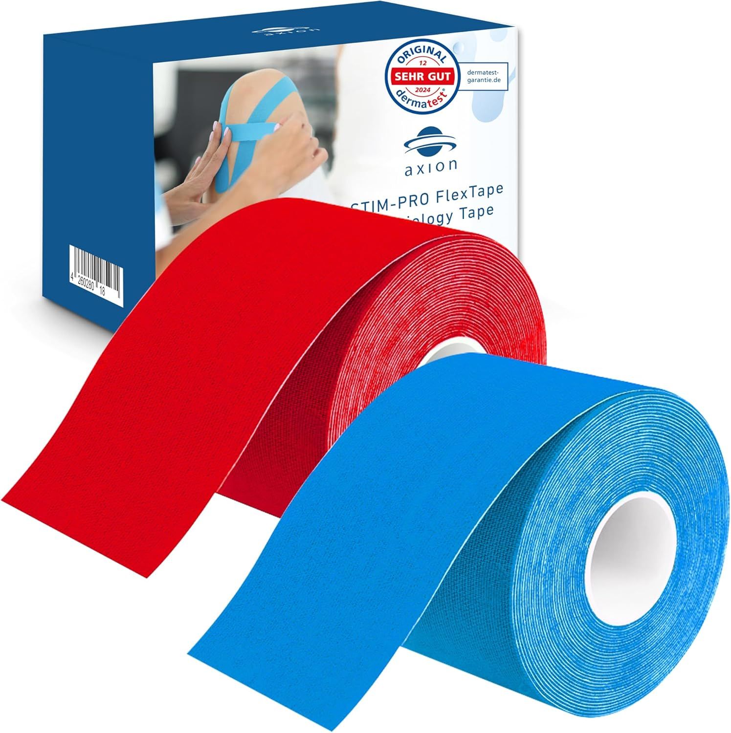 Rolle Kinesiologie Tape, rot und blau. Verpackung mit Logo und Zertifizierung.
