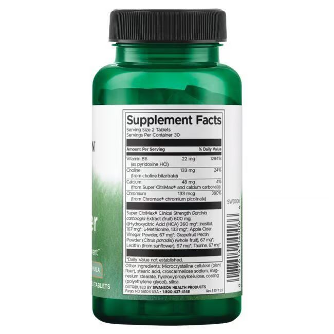 Rückseite der grünen Tablettenflasche. Aufschrift: Supplement Facts. Auflistung der Inhaltsstoffe und Nährwerte.